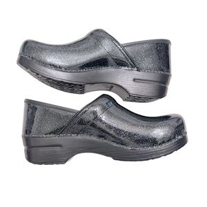 Dansko Womens Professional Glitzy Patent Black Blue Comfort Clog Shoes Size 10